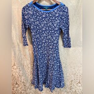 RALPH LAUREN LRL NAVY BLUE &TAN FLORAL FIT & FLARE TIE BACK COTTON DRESS SIZE XS